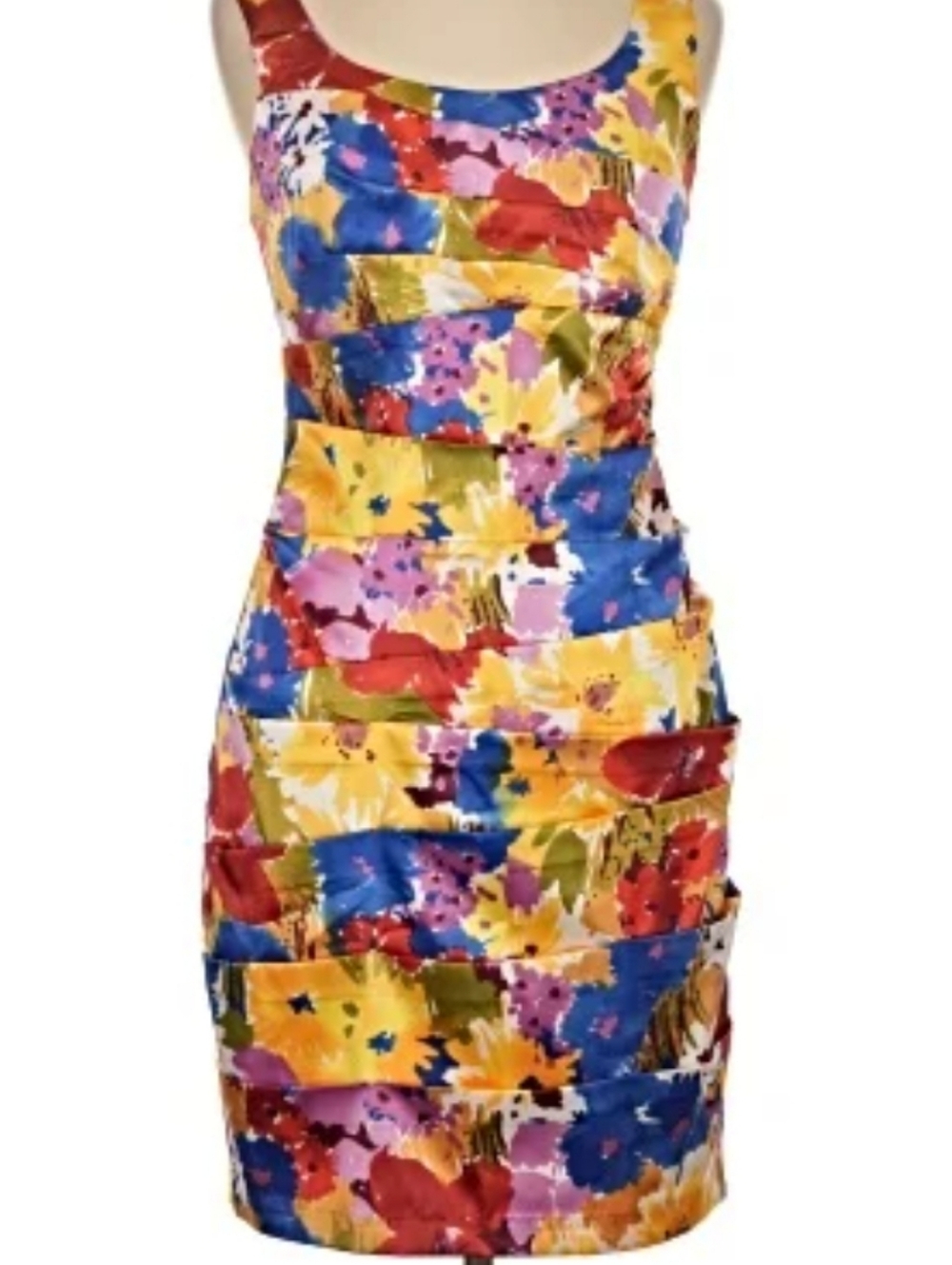 Bisou Bisou Marigold Red Periwinkle Purple & Olive Floral  Satiny Shift Dress